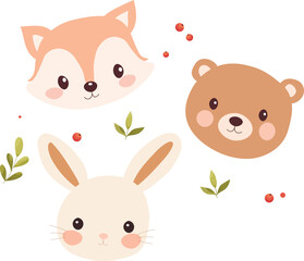 Forest cute animals. Animal faces. Fox, hare, bear