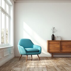 A modern interior design, with blue chair, wooden cabinet, and natural light