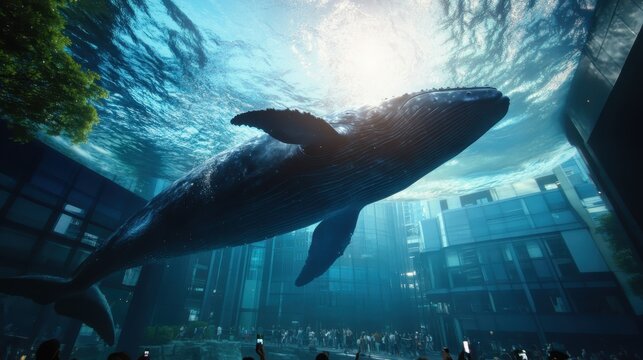 A stunning image depicting a giant whale gracefully swimming through a modern urban environment, showcasing the juxtaposition of nature and architecture. A true wonder.
