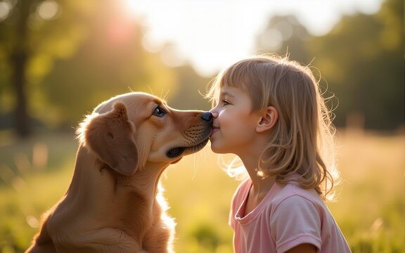 Familly was preparing for being taken picture of when young cute girl was adorably kissed by a dog which took their attention away on a sunny day. High quality