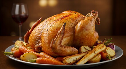 Golden Roast Chicken with Roasted Root Vegetables and a Glass of Red Wine