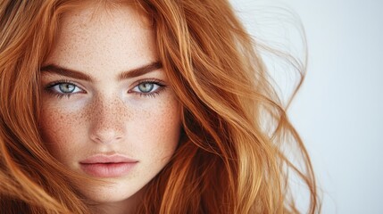 Fototapeta premium A striking portrait of a woman with vibrant red hair and freckles, emphasizing her natural beauty and captivating features in a clean and minimalistic setting.