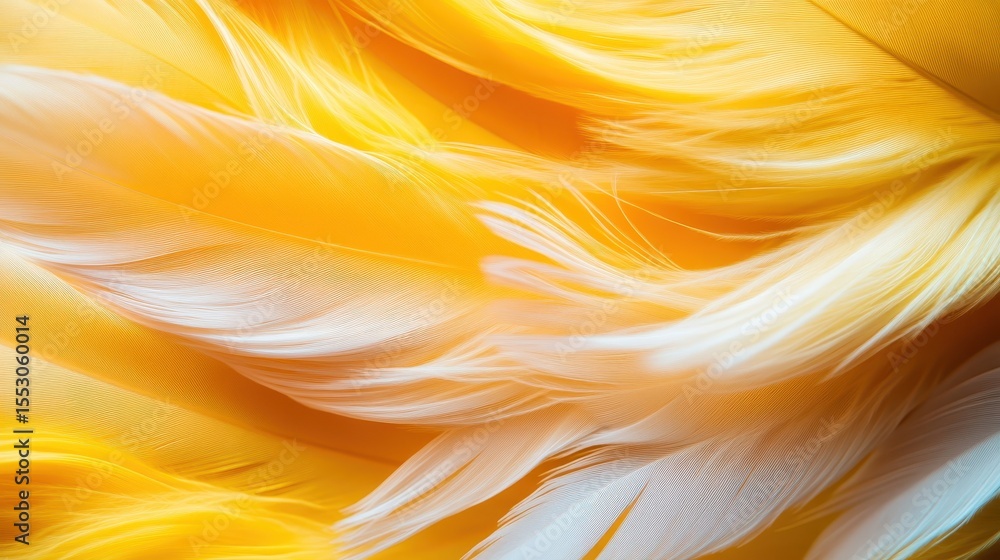 Poster a close-up of soft, delicate yellow and white feathers displaying intricate textures and colors, evo