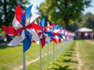 Row of colorful red, white, and blue pinwheels on a sunny day in a park setting