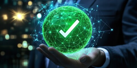 Green glowing confirmation in businessman’s hand