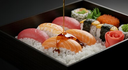 Soy Sauce Drizzles onto a Delicious Sushi Bento Box, a Culinary Masterpiece