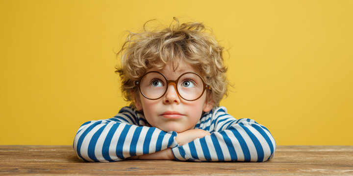 curious little boy with curly dark blonde hair and round glasses rests his chin on his crossed arms over a school desk. The pastel yellow background  