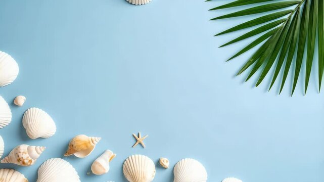 Seashell collection with palm leaf on light blue background forming a summery and beach-themed backdrop, evoking a sense of vacation.