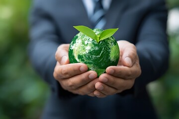Businessman Holding Earth with Green Leaves.