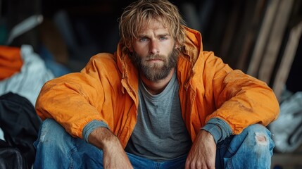 Obraz premium A rugged man with a textured beard and tousled hair wears an orange jacket, portraying a sense of adventure and connection with nature in a casual outdoor setting.