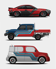 Three Custom Cars with Unique Designs and Color Schemes on a White Background