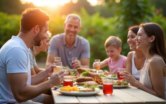 Happy family at barbecue party on summer day. High quality