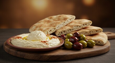 Creamy Hummus, Warm Pita Bread, and Olives: A Mediterranean Feast