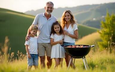 Portrait of a happy family with two cute children, a boy and a girl, looking at camera while standing outdoors near the barbecue grill on a green hill in summer. High quality