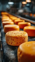 Freshly made cheddar cheese rounds on a conveyor belt in a production facility during daytime processing hours