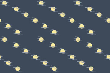 Watercolor Moon and Clouds Pattern: Diagonal Rows of Yellow Suns with Grey Clouds on a Deep Dark...