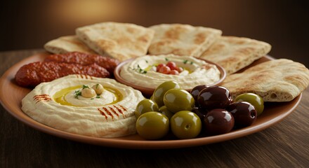 Indulge in a Mediterranean feast: hummus, pita, olives, and spicy kibbeh.