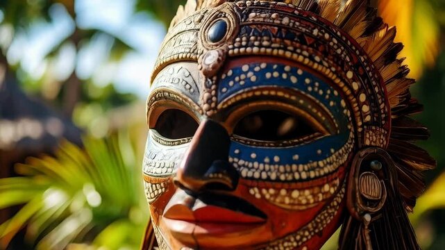 Closeup of an intricately designed tribal mask featuring vibrant colors, ornate details and feathers, set against a blurred tropical background.