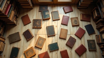 Top view of various antique and used books with covers of varied tones and warm atmosphere.