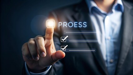 A businessman uses a digital interface to check off items on a process checklist