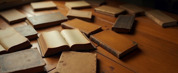 Several old and used books with covers of varied tones and warm atmosphere, on a rustic wooden table.