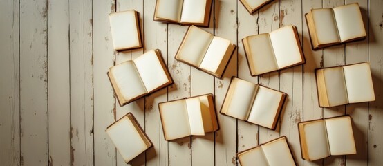 Top view of various antique and used books with covers of varied tones and warm atmosphere.