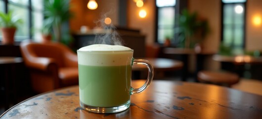 A steaming cup of matcha latte sits on a rustic wooden table in a cozy café. 