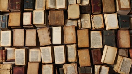 Top view of various antique and used books with covers of varied tones and warm atmosphere.