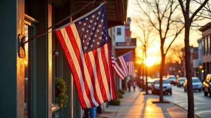 American flags displayed at sunset in small town street scene