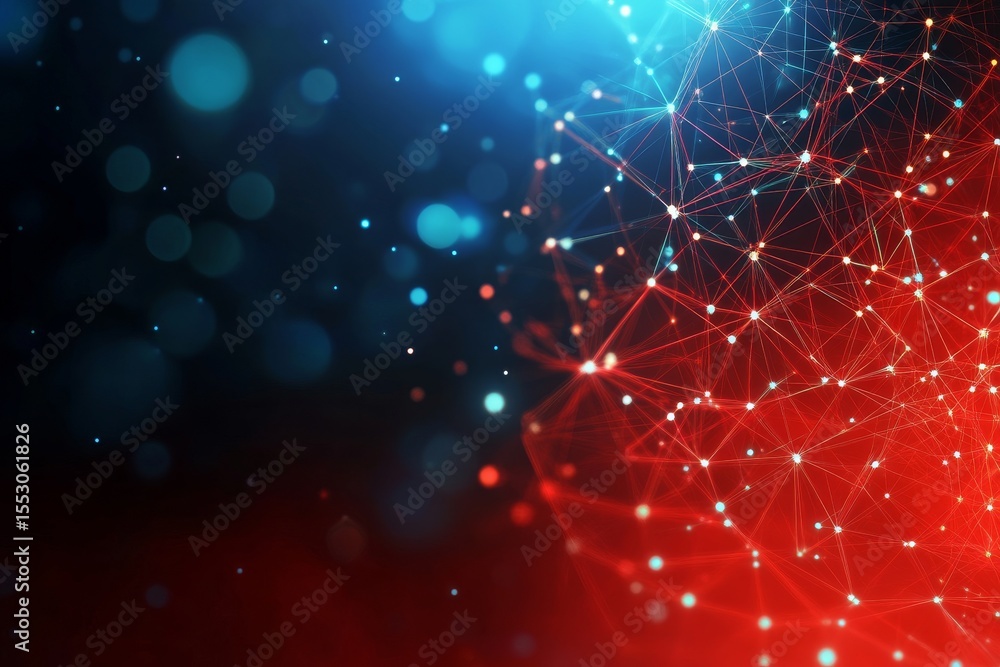 Poster vibrant abstract background featuring an intricate network of dots and lines in red and blue shades