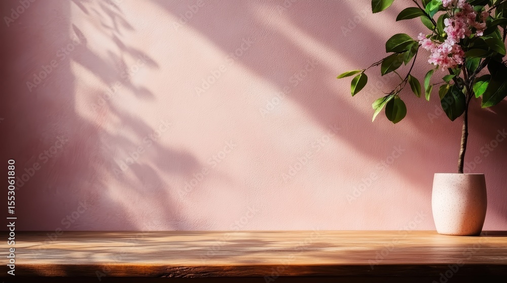 Poster a minimalist setup featuring a single floral arrangement in a soft-colored vase against a warm pink 