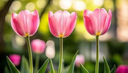 Fototapeta premium Three Beautiful Pink Tulips Blooming Gracefully in a Sunlit Garden, Showcasing Nature s Elegance