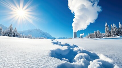 A stunning winter scene displays a nuclear power plant emitting steam amid a blanket of snow, contrasting industrial presence against a serene natural landscape.