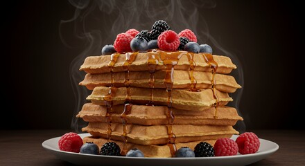 Golden Waffles Stacked High with Sweet Berry Topping and Drizzling Syrup