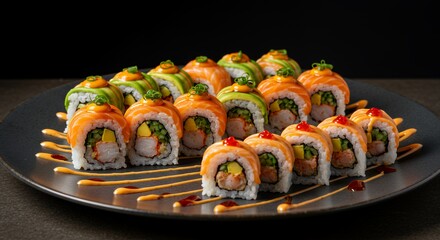Indulge in the vibrant colors and flavors of this exquisite sushi platter, a culinary masterpiece.