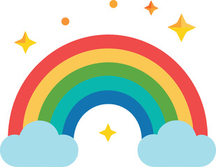 Vibrant Rainbow Illustration Colorful Arc with Sparkling Stars and Clouds