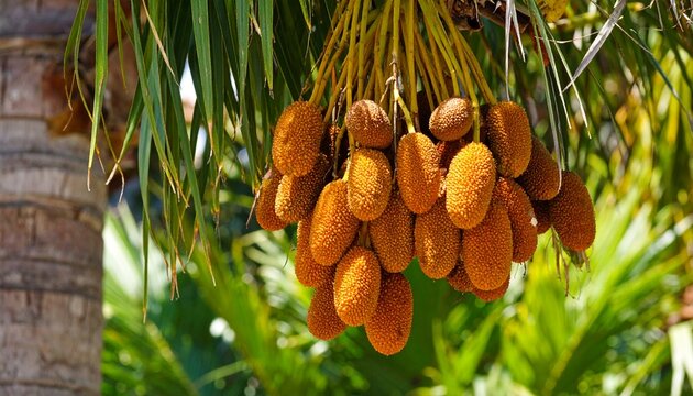 Brown Buriti fruit hanging from Mauritia flexuosa, known as the moriche palm, it&eacute; palm, ita, buriti, muriti, miriti, canangucho, acho, or aguaje, is a palm tree. 