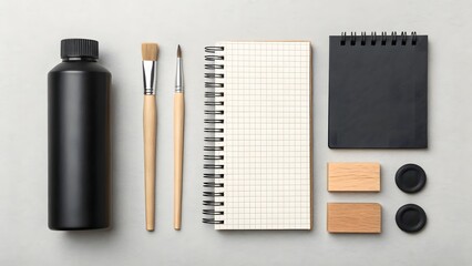 Modern Flat Lay of Art Supplies and Stationery with Wooden and Matte Black Design

