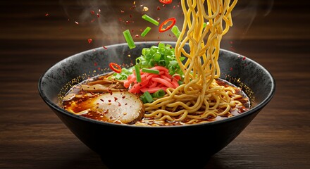 Spicy Ramen Noodles Exploding with Flavor in a Dark Bowl