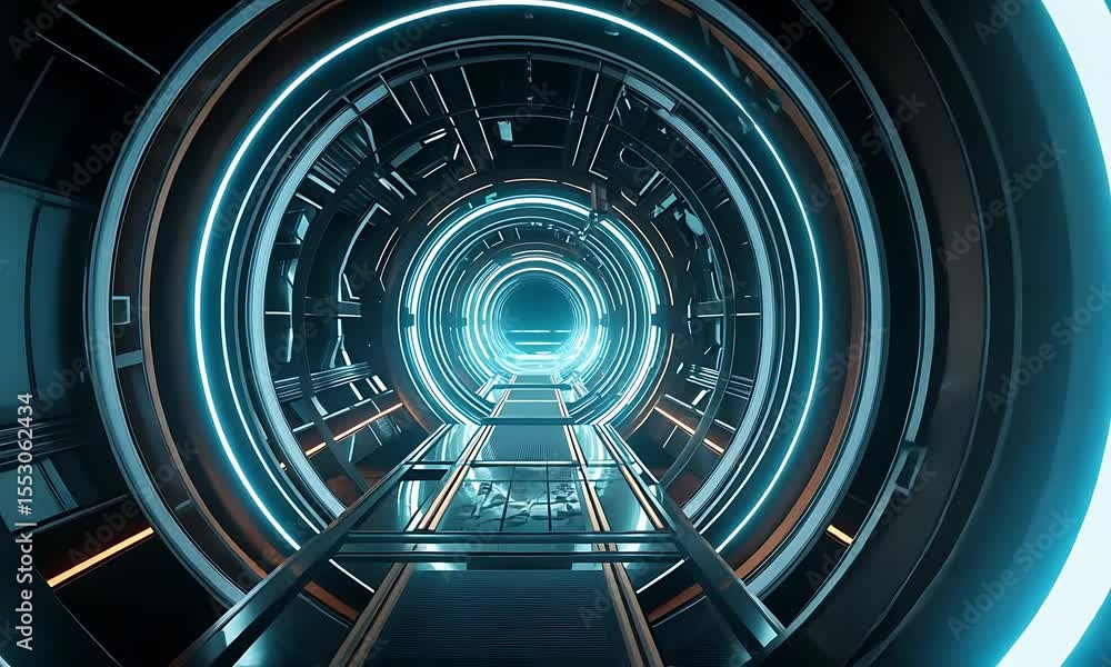 Poster neonringed futuristic tunnel with grid pathway