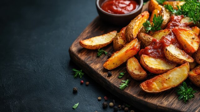 Delicious golden-brown crispy potato wedges topped with rich tomato sauce sit on a wooden platter, evoking feelings of hunger and inviting you to enjoy a hearty meal.