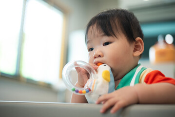Portrait of a little baby boy who bite toy teething and hungry, chewing and playing toy