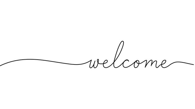 welcome animated continuous single one line art drawn animation phrase on white black background. hand drawing of word text welcome