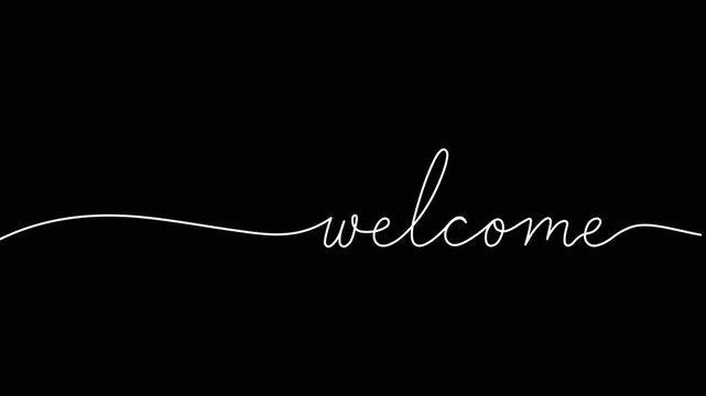 welcome animated continuous single one line art drawn animation phrase on white black background. hand drawing of word text welcome