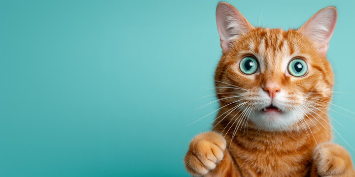 Cute, curious ginger cat with big green eyes and open mouth in front of teal background