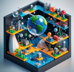 Earth and miniature cities floating in a transparent cube, representing global urbanization and interconnectedness