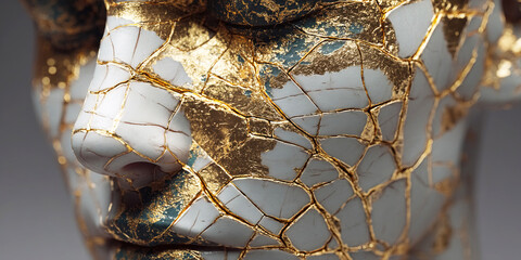 Kintsugi art highlighting the beauty of trauma on a human head sculpture in Japan