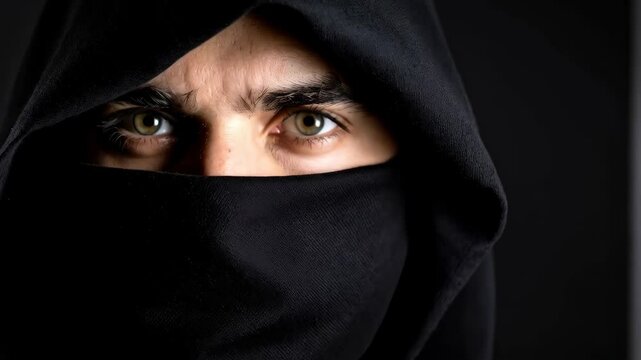 Intense hazel eyes of an enigmatic person obscured by black hood and veil, conveying a sense of mystery and concealment on dark background.
