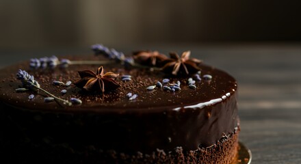 Decadent Chocolate Lavender Cake, Star Anise Garnish, Dark Moody Photography
