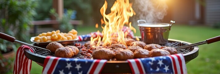 Patriotic backyard barbecue with grilled meats and fire outdoors
